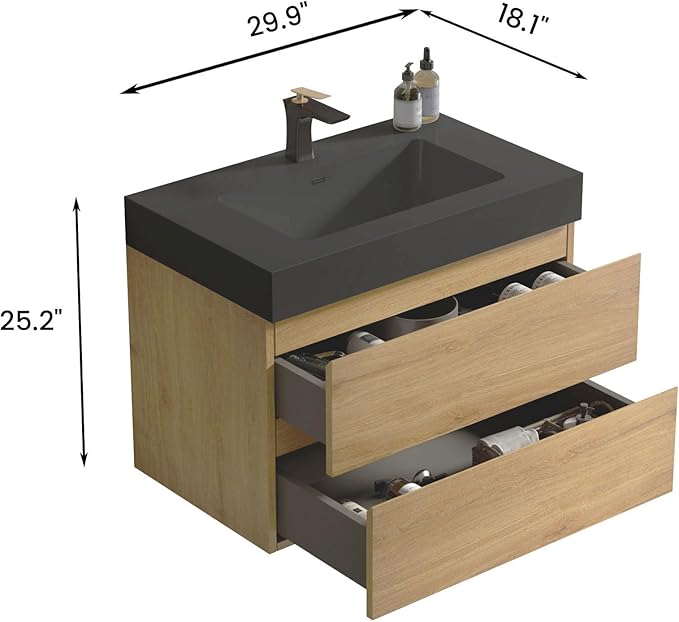 30" Floating Bathroom Vanity with Black Sink, Modern Bathroom Cabinet with Top and Soft Close Drawers, Spacious Storage for Small Space, Natural Oak - Lavanda Collection