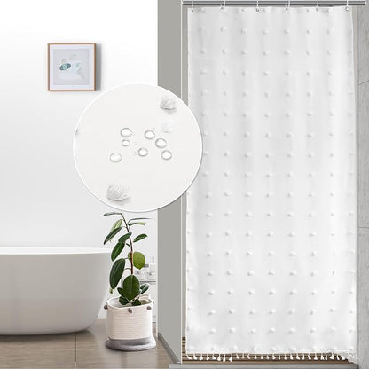LilyCat Stall Tufted Floral Shower Curtain with Tassel, White, 36" x 72" | Waterproof Boho Fabric Shower Curtain Set with Hooks, Cute Rustic Vintage Bathroom Décor, Minimalist Cloth Bathroom Curtain