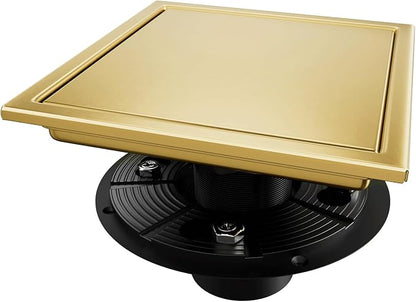 Square Shower Drain Gold 6 inch with 2 in 1 Tile-Insert Cover | AISI 304 Stainless Steel Brushed Shower Floor Drain with Removable Hair Catcher and Flange Fits Bathroom Balcony Kitchen
