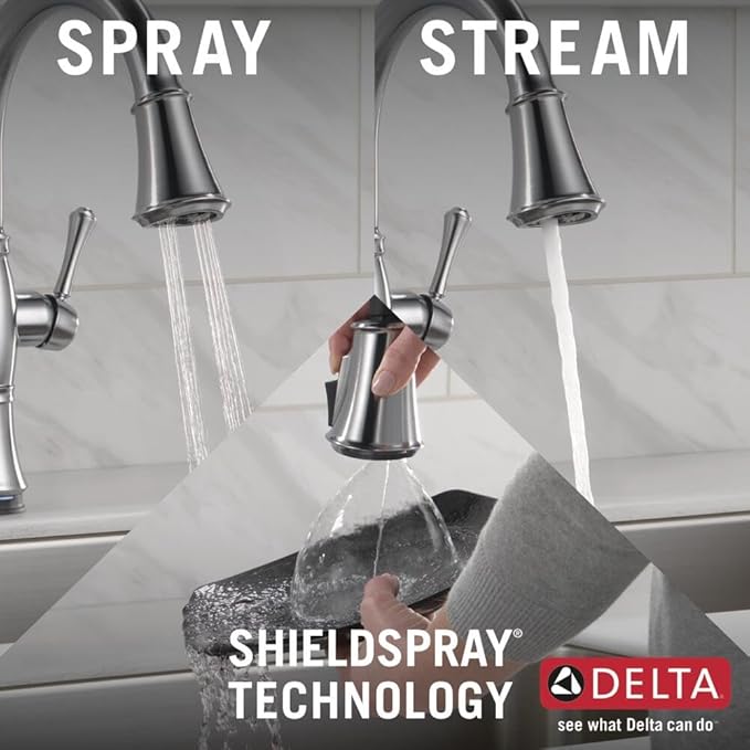 DELTA FAUCET Cassidy Pull Down Kitchen Faucet Chrome, Chrome Kitchen Faucets with Pull Down Sprayer, Kitchen Sink Faucet, Faucet for Kitchen Sink with Magnetic Docking, Lumicoat Chrome 9197-PR-DST