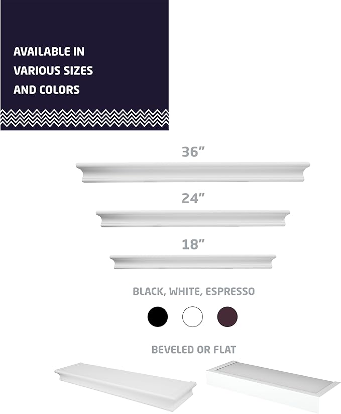 HIGH & MIGHTY Decorative 24" Floating Shelf Holds up to 20 lbs, Easy Tool-Free Dry Wall Installation, Beveled, White | 515660