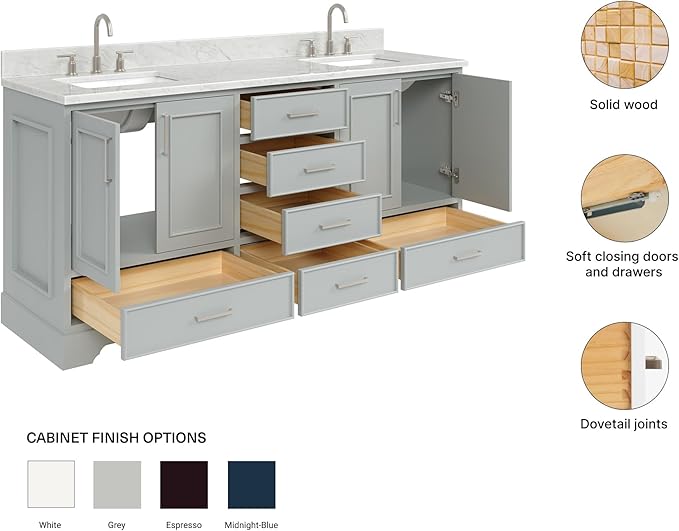 ARIEL Stafford 72-inch Bathroom Vanity with Sink,Solid Wood, 0.75-inch Italian Carrara Marble Countertop, Double Rectangular Porcelain Sink, 4 Soft Closing Doors, 6 Dovetail Drawers, Grey
