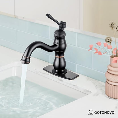gotonovo Bathroom Faucet 1 Hole Vintage,Oil Rubbed Bronze,7.1” Spout Reach | Bathroom Sink Faucet for 1 or 3 Hole Single Handle,Deck Plate,360° Swivel Spout,Pop Up Drain,cUPC Supply Hoses,for Vanity RV
