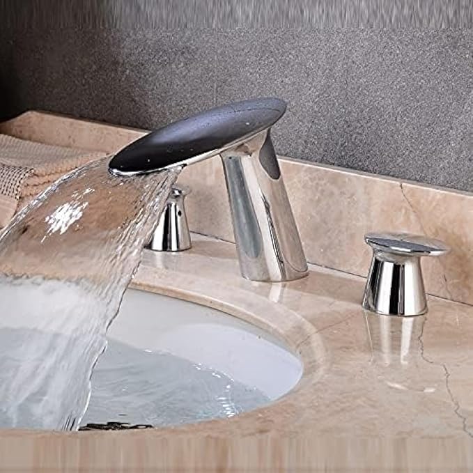 Basin Faucet Brushed Gold Bathroom Sink 3 Hole Widespread Rose Mixer Hot and Cold Waterfall Tap New-Gold(Chrome)