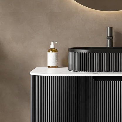 LKTART 36 Inch Floating Bathroom Vanity with Sink, Modern Wall Mounted Bathroom Storage Cabinet with Drawer, Fluted Black Curved Edges Ceramic Sink Top and Marble Texture Top, Black