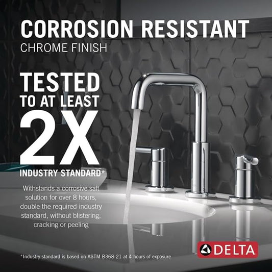 Delta Nicoli Chrome Faucet 3 Hole, 8 Inch Widespread Bathroom Sink Faucet for Vanity, Push-Pop Drain Assembly, Chrome 35849LF