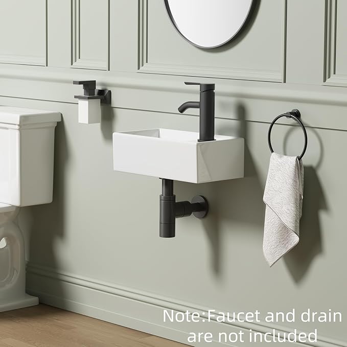 Small Wall Mount Bathroom Vessel Sink, QISHKA 15.6" X 8.6" Rectangular Floating Ceramic Wash Hand Basin- White Wall Hung Vanity Sink with Overflow for Small Bathroom (Right Hand)