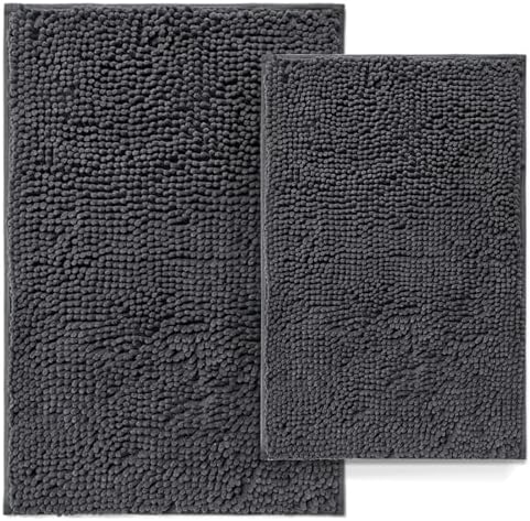 Bathroom Rugs Set 2 Piece Bathroom Mats Bath Rugs Non Slip Bath Rugs for Bathrooms, Thick Soft Chenille Rug Set, Bathtub Mats, Ultra Absorbent Bath Carpet, Shaggy Bathrooms Floor Mat, Deep Grey