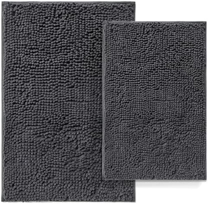 Bathroom Rugs Set 2 Piece Bathroom Mats Bath Rugs Non Slip Bath Rugs for Bathrooms, Thick Soft Chenille Rug Set, Bathtub Mats, Ultra Absorbent Bath Carpet, Shaggy Bathrooms Floor Mat, Deep Grey