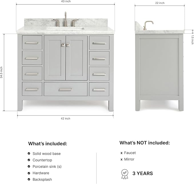 ARIEL Cambridge 42-inch Bathroom Vanity with Sink,Solid Wood, 1.5-inch Italian Carrara Marble Countertop, Single Rectangular Porcelain Sink, 2 Soft Closing Doors, 9 Dovetail Drawers, Grey