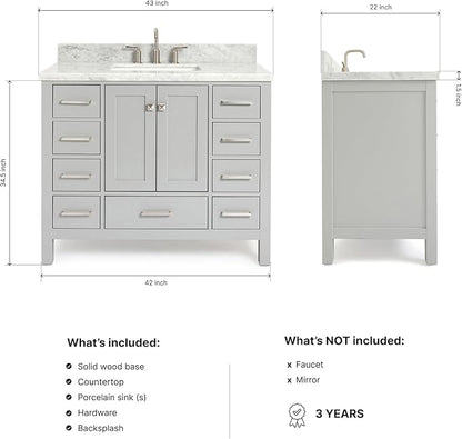 ARIEL Cambridge 42-inch Bathroom Vanity with Sink,Solid Wood, 1.5-inch Italian Carrara Marble Countertop, Single Rectangular Porcelain Sink, 2 Soft Closing Doors, 9 Dovetail Drawers, Grey