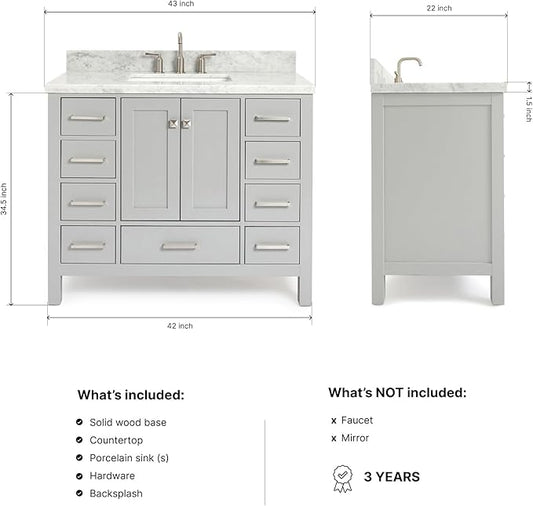 ARIEL Cambridge 42-inch Bathroom Vanity with Sink,Solid Wood, 1.5-inch Italian Carrara Marble Countertop, Single Rectangular Porcelain Sink, 2 Soft Closing Doors, 9 Dovetail Drawers, Grey