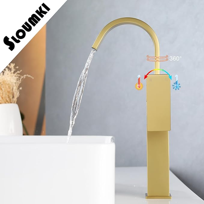 Brushed Gold Vessel Sink Faucet, Single Handle Tall Bathroom Faucet,Waterfall Bathroom Faucet Single Hole Lavatory Vanity Tap Single Hole Bar Sink Faucet with Pop Up Drain and Supply Lines,SL50044BG