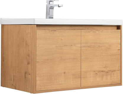 Blossom 32 Inch Bathroom Vanity with Sink, All Wood Wall Mounted Floating Bathroom Vanity with Ceramic Sink, Modern Soft-Close Doors & Storage, Bathroom Sink Cabinet, Classic Oak, 32'' Ceramic Sink