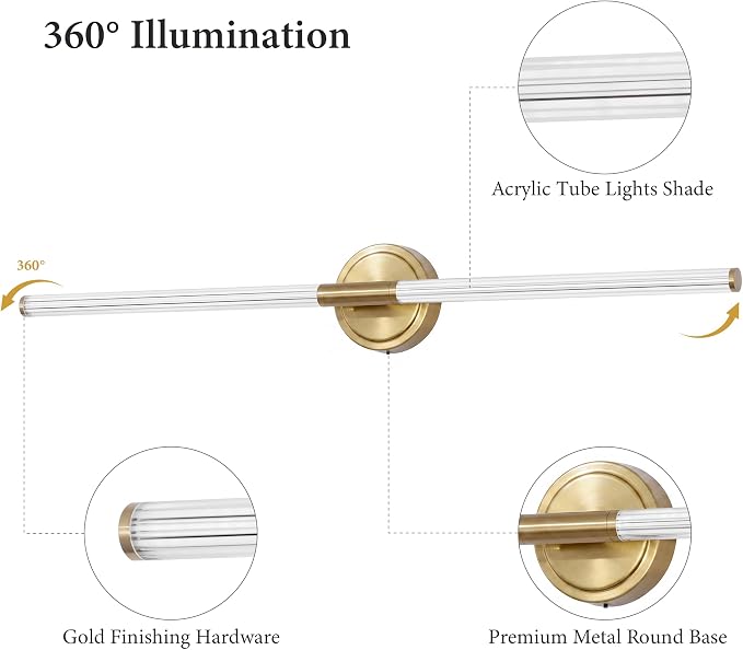 URSOLA 40" Modern LED Bathroom Light Fixtures, Golden 3CCT Dimmable Bathroom Vanity Light Over Mirror, Bathroom Vanity Bath Bar Lights with 360° Removable Acrylic Light Tube