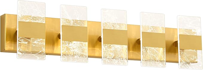 Modern LED Bathroom Light Fixtures Dimmable 5-Light Gold Vanity Light, 5CCT Adjustable Lighting Fixture Vanity Lights Over Mirror, Smoked Acrylic LED Vanity Lights for Bathroom