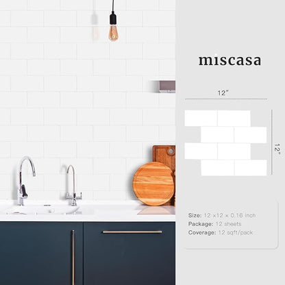 12-Piece Glossy Pure White Peel and Stick Backsplash Tile, 12''x12'' PVC Subway Tile Stick on Backsplash for Kitchen/Bathroom/Fireplace