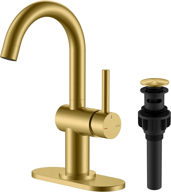 Brushed Gold Single Handle Bathroom Faucet, Single Hole Vanity Faucet | Bathroom Sink Faucet with Pop Up Drain & 6 Inch Deck Plate, Lead-Free cUPC & NSF Certified, 1 Handle Faucet for Vanity RV Bar