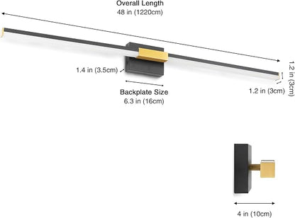 SOLFART Bathroom Lighting Fixtures Over Mirror 48 Inch: Black and Gold Dimmable Vanity Light, Built-in Dimmer, Thickened Aluminum Body, 360 Degree Rotation, ETL IP44