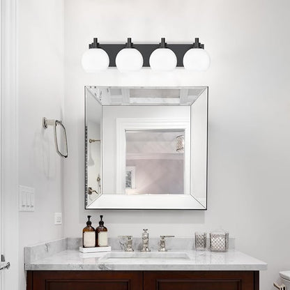 IZORRO Bathroom Light Fixtures, 4-Light Matte Black Vanity Light, Modern Wall Sconces with Globe Milk White Glass Shade, Vanity Lighting Fixtures Over Mirror,E26 Bulb Socket