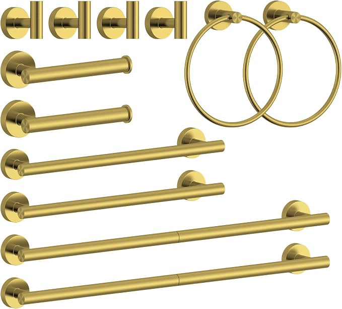 Wall-Mount Towel Bar Bathroom Hardware Accessory Set 12-Piece | Brushed Gold,Stainless Steel,Wall Mount,Bathroom Hardware Set,Simple DIY installation,Stain-resistant and easy to maintain