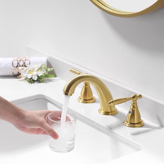 Widespread Brushed Gold 8 Inch 3 Hole 2-Handle Bathroom Faucet with Metal Pop-Up Drain Assembly, Low Arc Bathroom Sink Faucet, WF008-4-BG