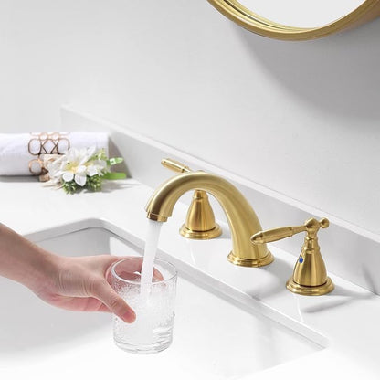 Widespread Brushed Gold 8 Inch 3 Hole 2-Handle Bathroom Faucet with Metal Pop-Up Drain Assembly, Low Arc Bathroom Sink Faucet, WF008-4-BG