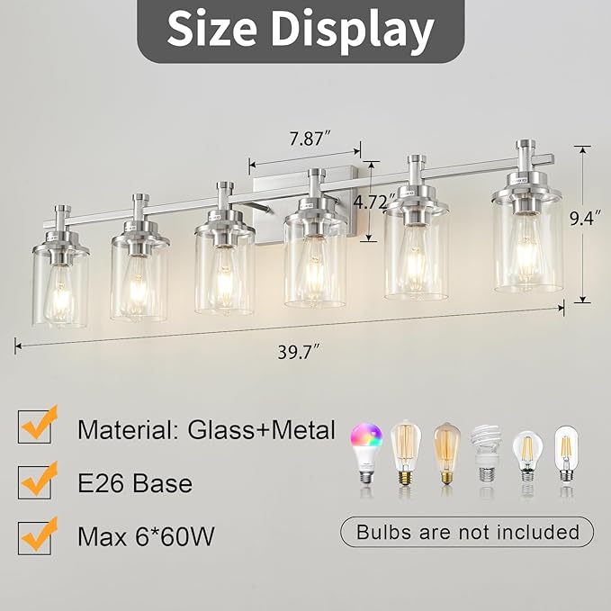 6-Light Bathroom Vanity Light, Brushed Nickel Bathroom Lights Fixtures Over Mirror, Vanity Lights Wall Mount with Clear Glass Shade, Modern Wall Sconce for Bathroom