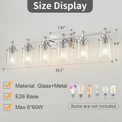 6-Light Bathroom Vanity Light, Brushed Nickel Bathroom Lights Fixtures Over Mirror, Vanity Lights Wall Mount with Clear Glass Shade, Modern Wall Sconce for Bathroom