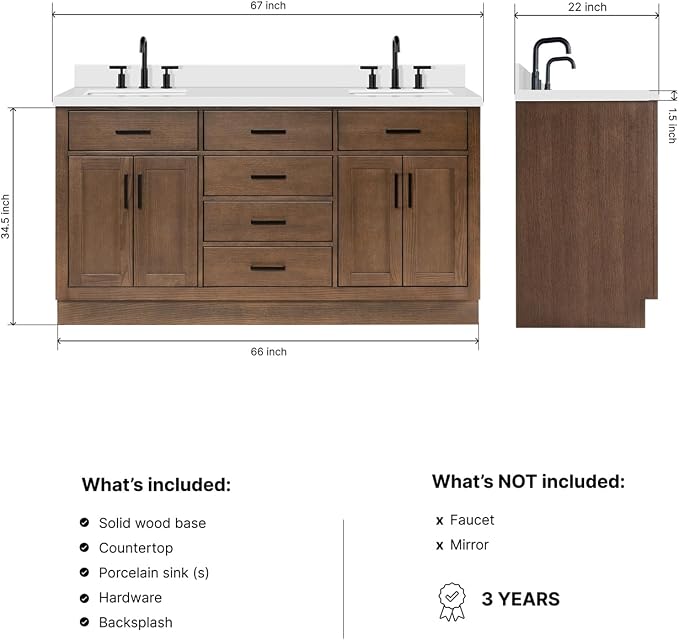 Isabella 66-Inch Brown Oak Double Bathroom Vanity with Sink, 1.5-Inch Edge Pure White Quartz Countertop & 4" Backsplash, Soft-Closing Doors & Drawers, Solid Oak Wood Construction