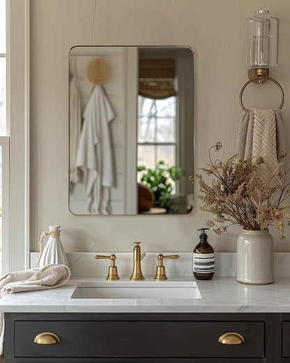 Gold Bathroom Mirror,22x30'' Brushed Brass Metal Frame Rounded Corner Wall Mirror,Rectangle Wall Mounted Mirror Glass Panel Hangs Horizontal or Vertical for Bathroom,Vanity,Washroom