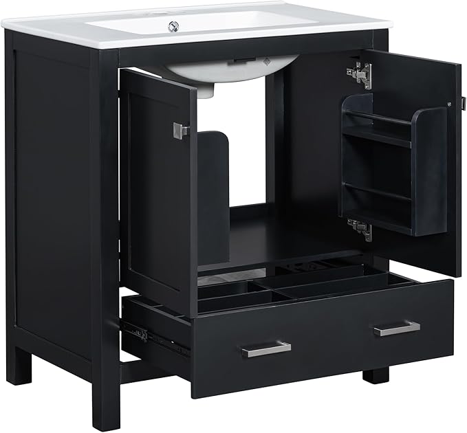 LUMISOL 30" Bathroom Vanity with Sink Top, Single Bathroom Sink Cabinet with a Drawer and 2 Doors, Freestanding Storage Vanity with Undermount Ceramic Basin, Black