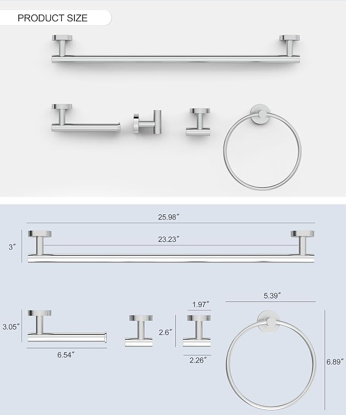 5 Pcs Chrome Bathroom Hardware Accessories Set SUS304 Stainless Steel | Towel Rack and Toilet Paper Holder Set, 26 Inch Towel Bar Set Wall Mounted by HOMEMYSTIQUE