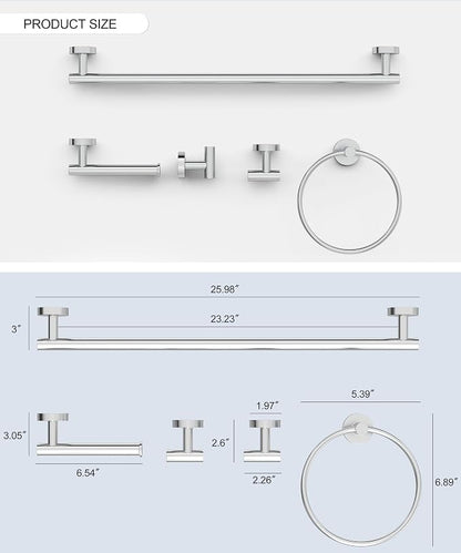 5 Pcs Chrome Bathroom Hardware Accessories Set SUS304 Stainless Steel | Towel Rack and Toilet Paper Holder Set, 26 Inch Towel Bar Set Wall Mounted by HOMEMYSTIQUE