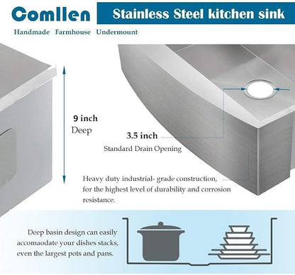 Comllen 33 Inch Farmhouse Sink, Stainless Steel Single Bowl Farm Sinks 16 Gauge 9 Inch Deep, Handmade Undermount 33 Farm Apron Front Kitchen Sink