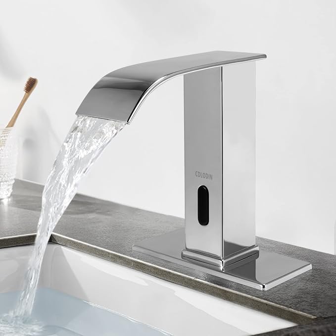 Automatic Sensor Touchless Bathroom Faucet, Modern Chrome Bathroom Faucet for Sink 1 Hole, Waterfall Single Hole Bathroom Sink Faucet Stainless Steel, Hands Free Motion Sensor Lavatory Faucet