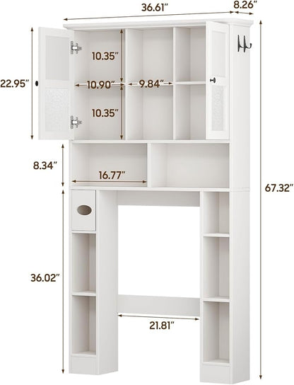 Over The Toilet Storage Cabinet, Bathroom Shelf Over Toilet with Hammered Grain Glass Doors and Adjustable Shelves, Freestanding Home Space Save Toilet Rack for Restroom, Bathroom, Laundry (White)