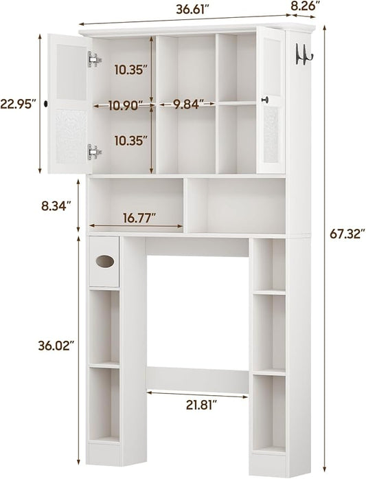 Over The Toilet Storage Cabinet, Bathroom Shelf Over Toilet with Hammered Grain Glass Doors and Adjustable Shelves, Freestanding Home Space Save Toilet Rack for Restroom, Bathroom, Laundry (White)