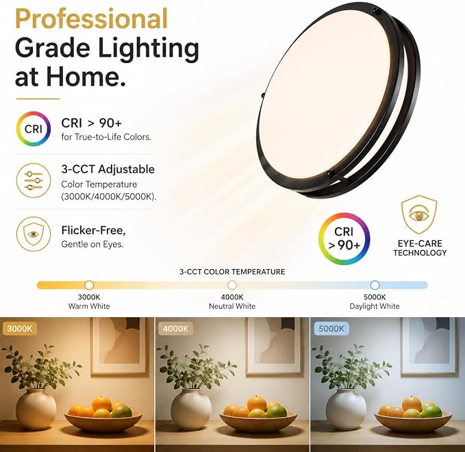 Black Flush Mount LED Ceiling Light Fixture, 13 inch 3000K/4000K/5000K Adjustable Ceiling Lights, Metal Frame Tri-Color Dimmable Lighting for Living Room Bedroom Hallway Bathroom or Kitchen