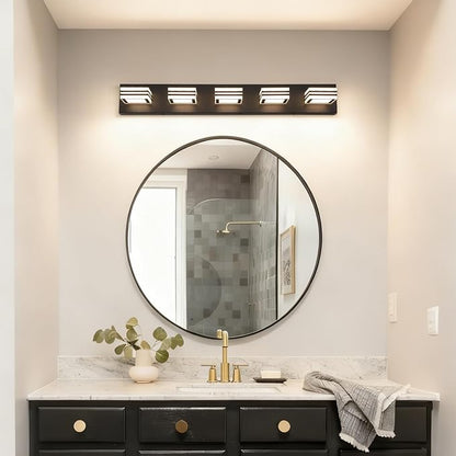 SOLFART LED Bathroom Lighting Fixtures - 5 Lights Modern Matte Black Acrylic Vanity Lights for Mirror 32inch 24W 5CCT