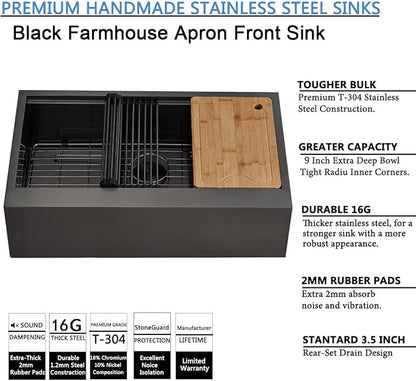 33 Inch Black Farmhouse Sink, 33x20 Gunmetal Black 16 Gauge Stainless Steel Single Bowl Workstation Flat Apron Front Farm Kitchen Sink with Cutting Board