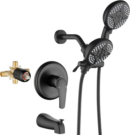 Shower Faucet Set with Tub Spout Tub and Shower Faucet Set Complete Dual Shower Head and Handheld Combo 2 in 1 Shower System with Tub Spout Tub and Shower Trim Kit Matte Black L829-7