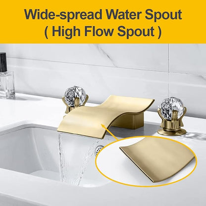 Widespread Bathroom Sink Faucet with Crystal Knob 3 Hole Waterfall Bathroom Faucet 8 Inch Crystal Vanity Faucets Deck Mount Basin Mixer Tap with Hose, Brushed Gold