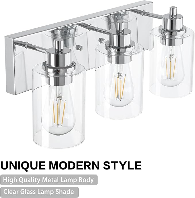Chrome Bathroom Light Fixtures, Bathroom Vanity Light Fixtures, Chrome Vanity Lamp with Clear Glass (Chrome & Clear Glass)