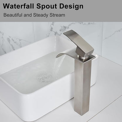 Tall Bathroom Vessel Sink Faucet, Brushed Nickel Tall Waterfall Single Handle 1 Hole Bathroom Vessel Sink, Bowl Wash Basin Lavatory Vanity Faucets with Pop-up Drain