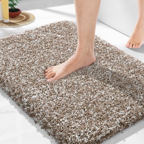 Yimobra Bathroom Rugs Non Slip Washable, Ultra Soft and Water Absorbent Bath Mats, Plush Fluffy Shower Mat Outside, Microfiber Thick Matts for Bathroom Floor/Sink, 24X17, Light Brown and White