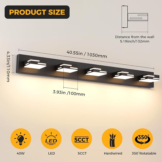 5-Light 5CCT Modern Bathroom Vanity Light Fixtures, 40-Inch 350° Rotatable LED Vanity Lights Over Mirror, Dimmable Matte Black Metal Wall Sconce 2700K-6000K Selectable