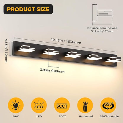 5-Light 5CCT Modern Bathroom Vanity Light Fixtures, 40-Inch 350° Rotatable LED Vanity Lights Over Mirror, Dimmable Matte Black Metal Wall Sconce 2700K-6000K Selectable