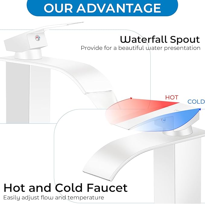 White Bathroom Faucets, Waterfall Bathroom Sink Faucet Modern Single Handle Bathroom Faucte 1 or 3 Hole, RV Mixer Tap Vanity Faucet - Includes Pop-up Drain Supply Hoses Deck Plate