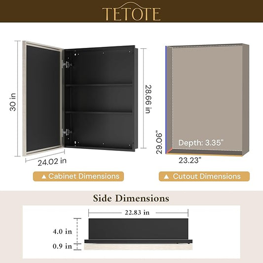 TETOTE Brushed Nickel Medicine Cabinet 24" x 30" Bathroom Mirror with Storage HD Glass Beveled Aluminum Frame Stepless Adjustable Shelves, Recessed or Wall Mount
